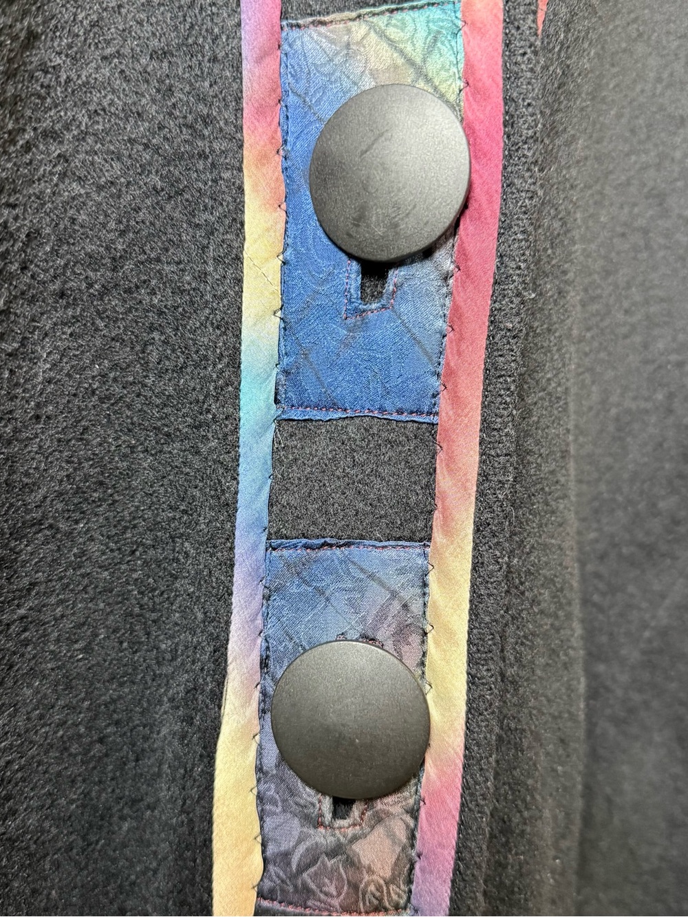 Joyce Fogle‎ Art-to-Wear Vest medium Black Wool Silk Trim Abstract Button FLAWS - Picture 5 of 16